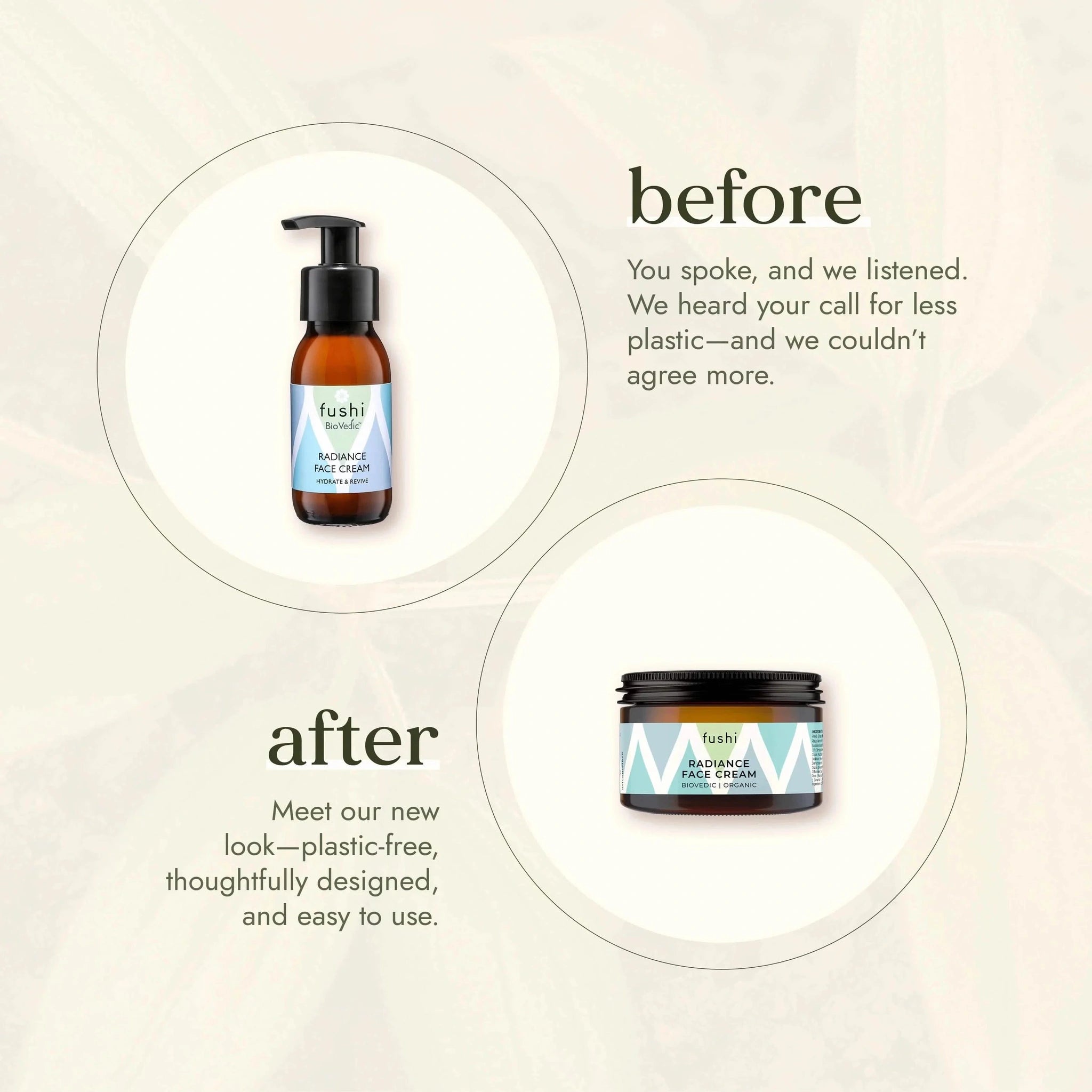 Fushi Skincare products with text about plastic-free packaging on a light background