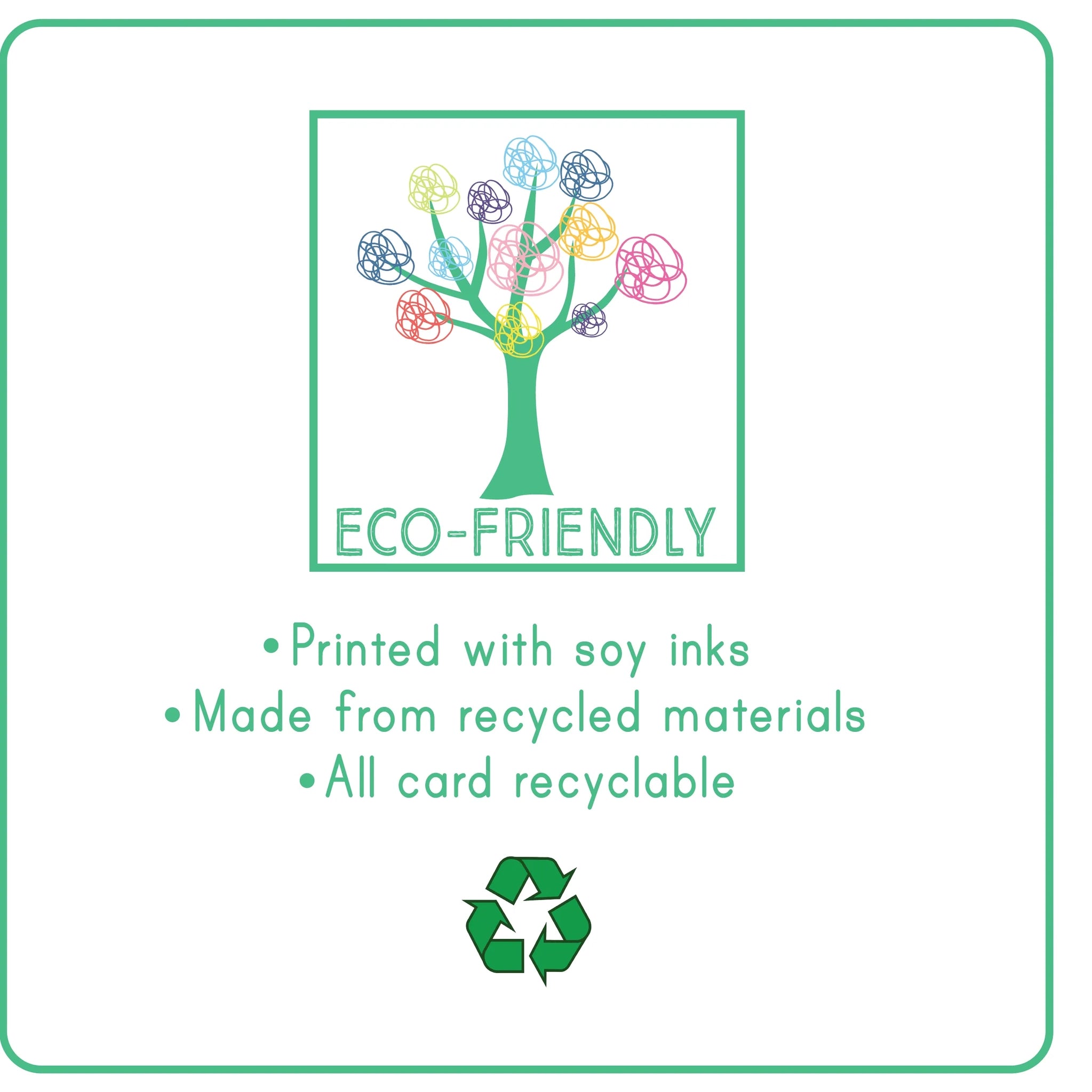 Eco-friendly card with tree graphic, text about printing methods, and a recycling symbol on a white background.