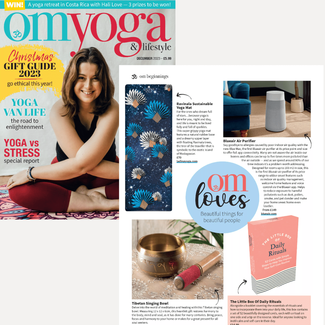 Magazine cover with a woman on a yoga mat, featuring articles and product images.