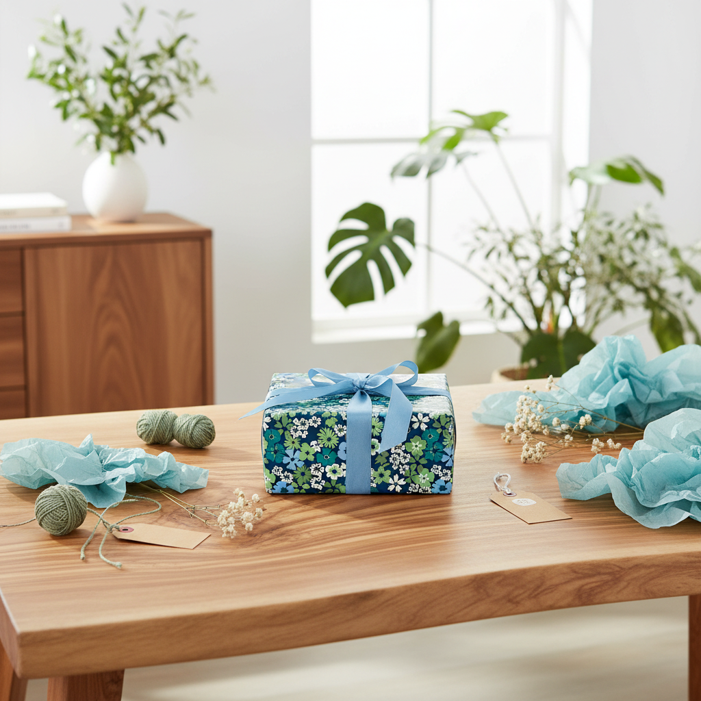 A square gift box wrapped in blue floral paper with a light blue ribbon and bow sits on a wooden table in a bright, styled room with plants and crafting supplies.
