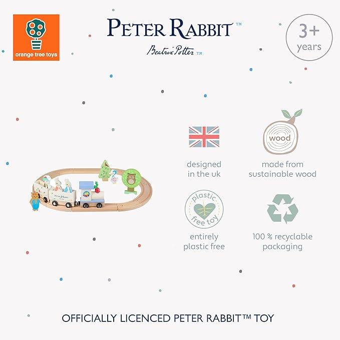 Peter Rabbit toy set with branding and sustainability information on a white background