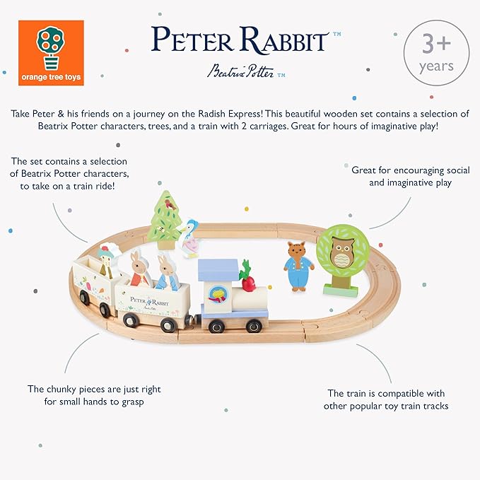 Wooden toy train set with characters from Beatrix Potter on a white background, featuring the Peter Rabbit brand.