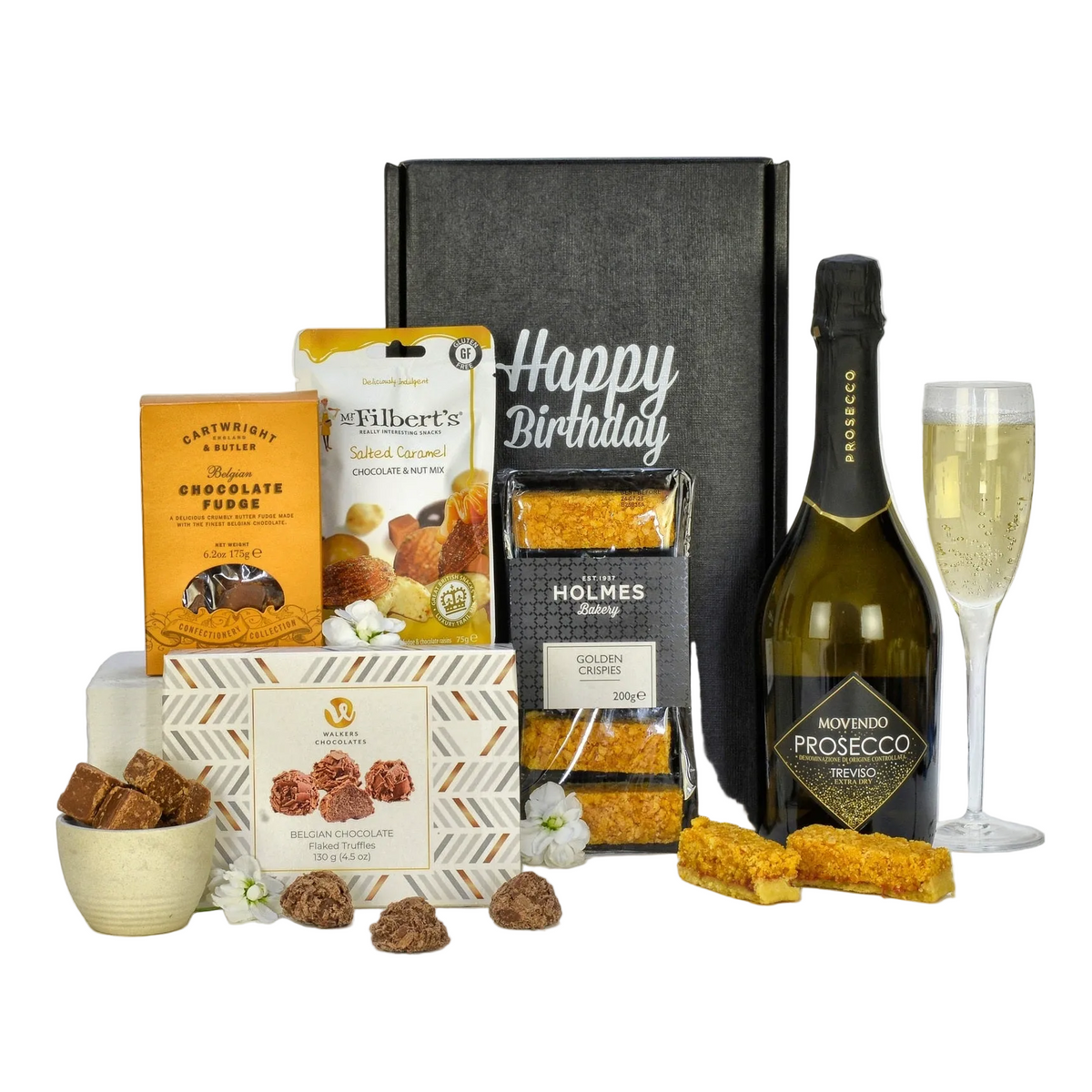 Birthday gift box with Movendo Prosecco, chocolate fudge, truffles, salted caramel nut mix and Golden Crispies