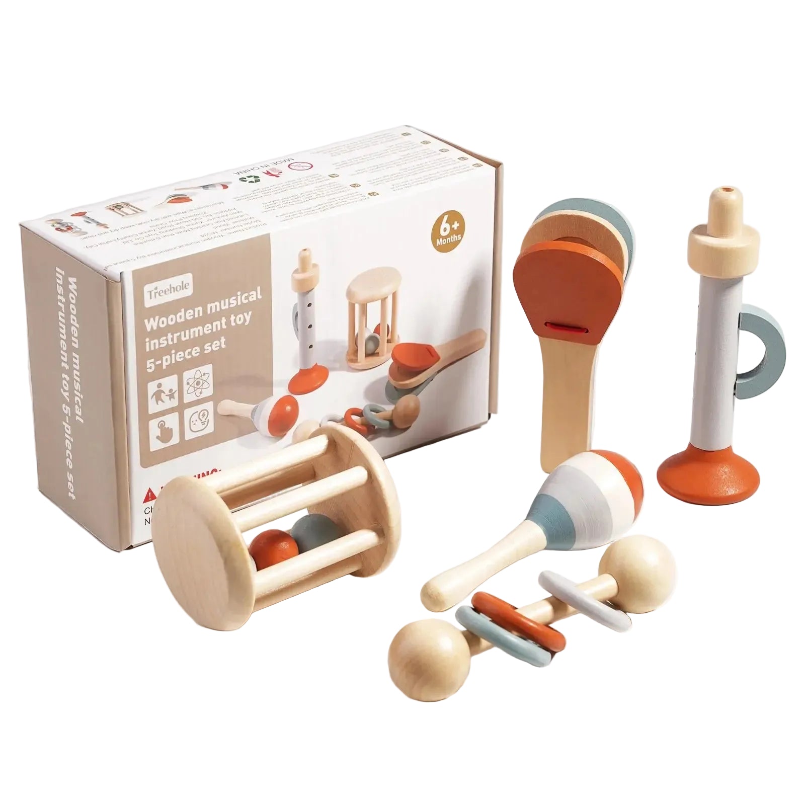 Set of wooden musical instruments with packaging on a light background