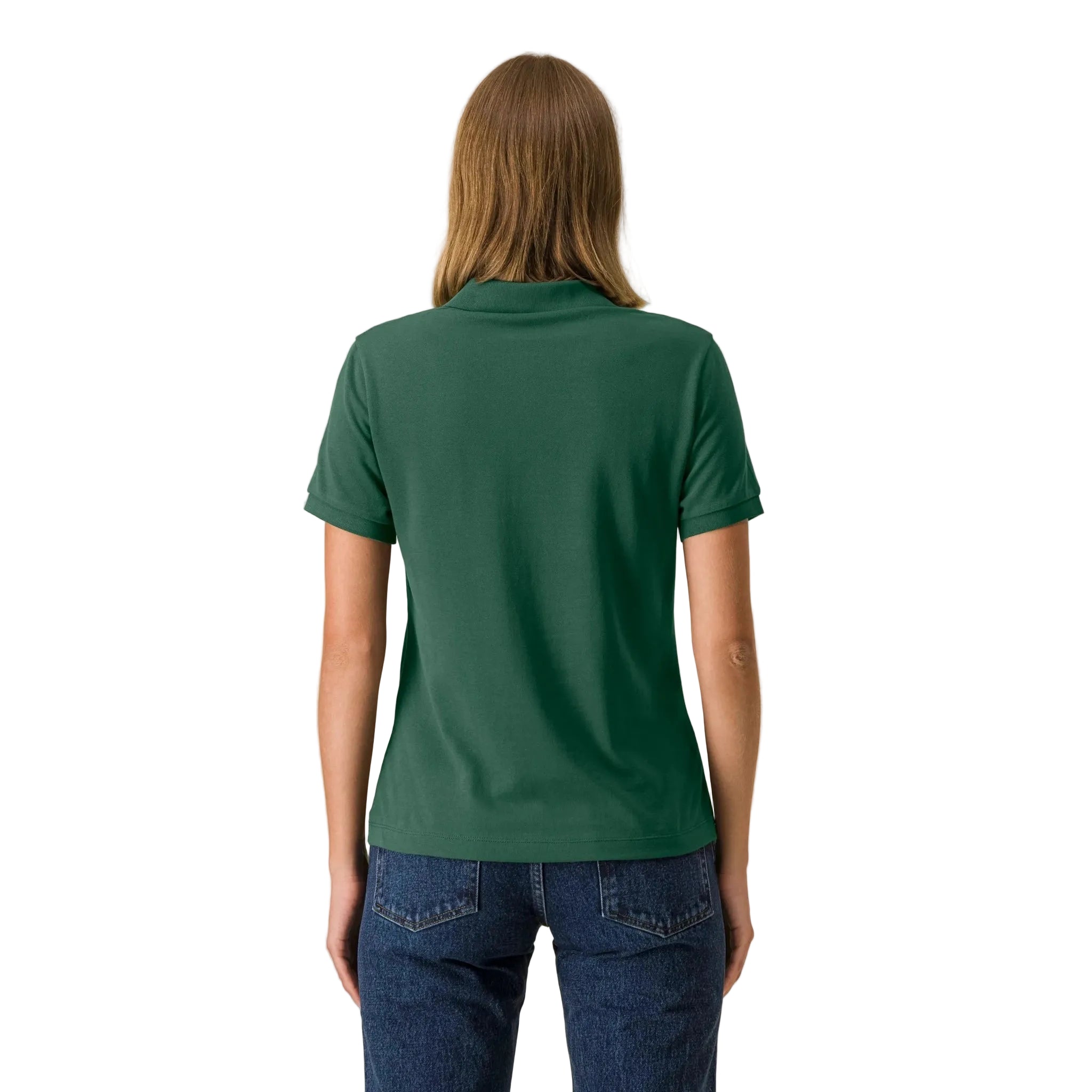 Person wearing a green polo shirt on a white background