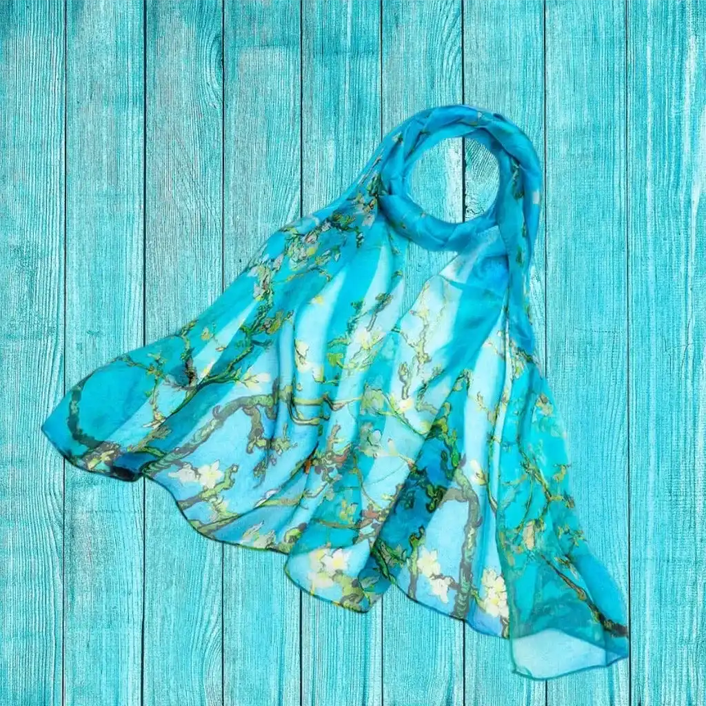 Signare Tapestry 100% Pure Silk Scarf - Blue - Van Gogh Almond Blossom Apparel & Accessories > Clothing Accessories > Scarves & Shawls > Scarves > Silk Scarves > Blue Scarves > 100% Pure Silk Scarf > Van Gogh Almond Blossom emmy-jane-boutique.myshopify.com