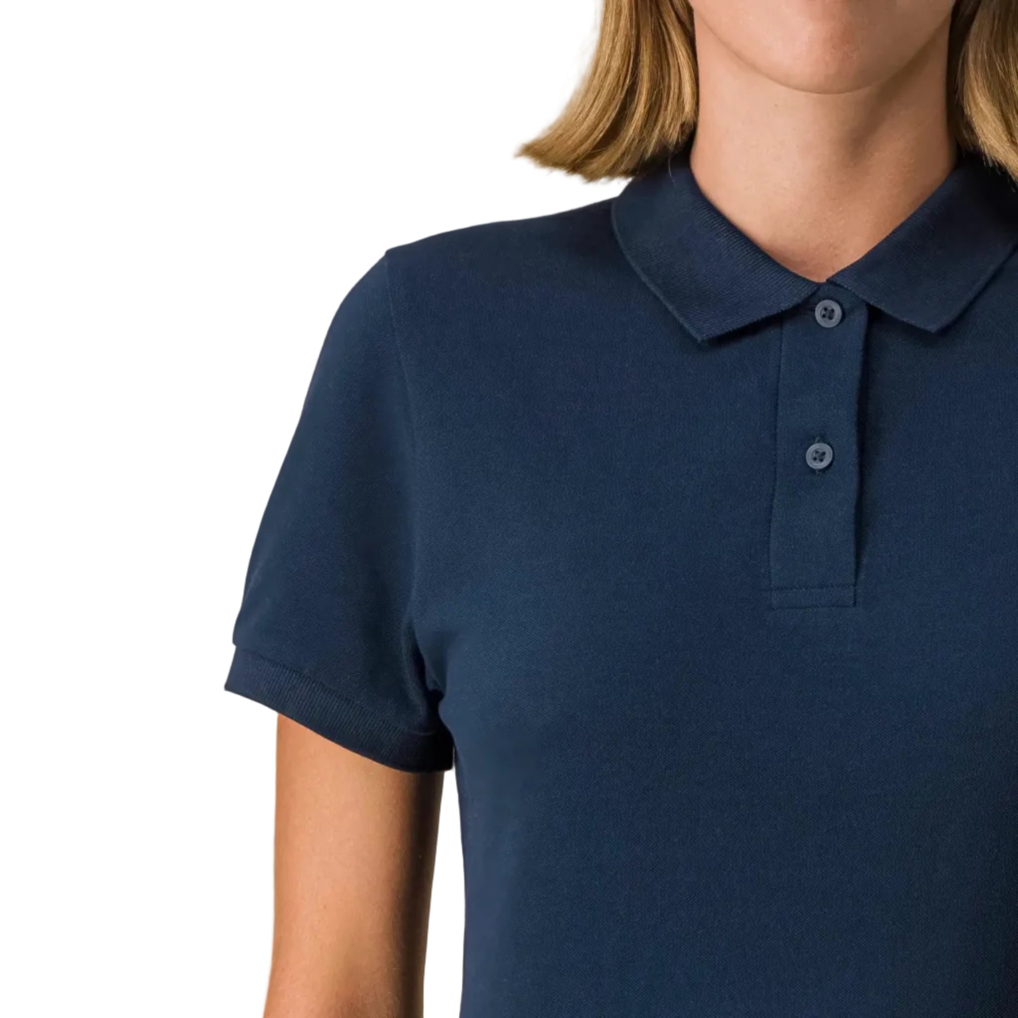 Navy blue polo shirt worn by a person on a beige background