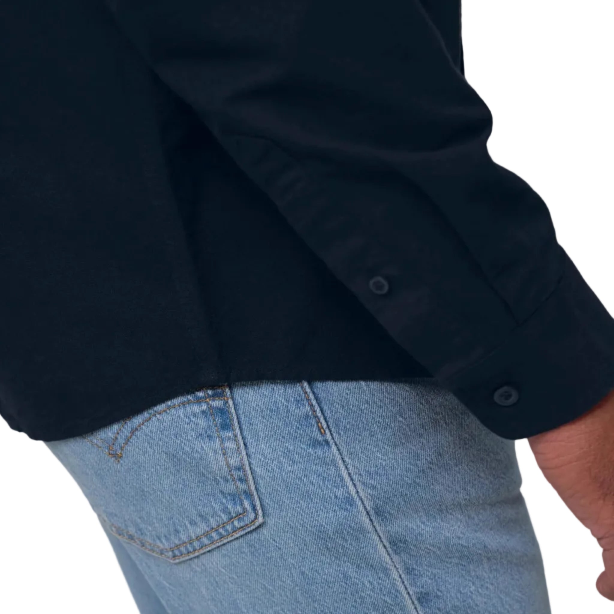 Close-up of a person wearing a black shirt and blue jeans on a white background
