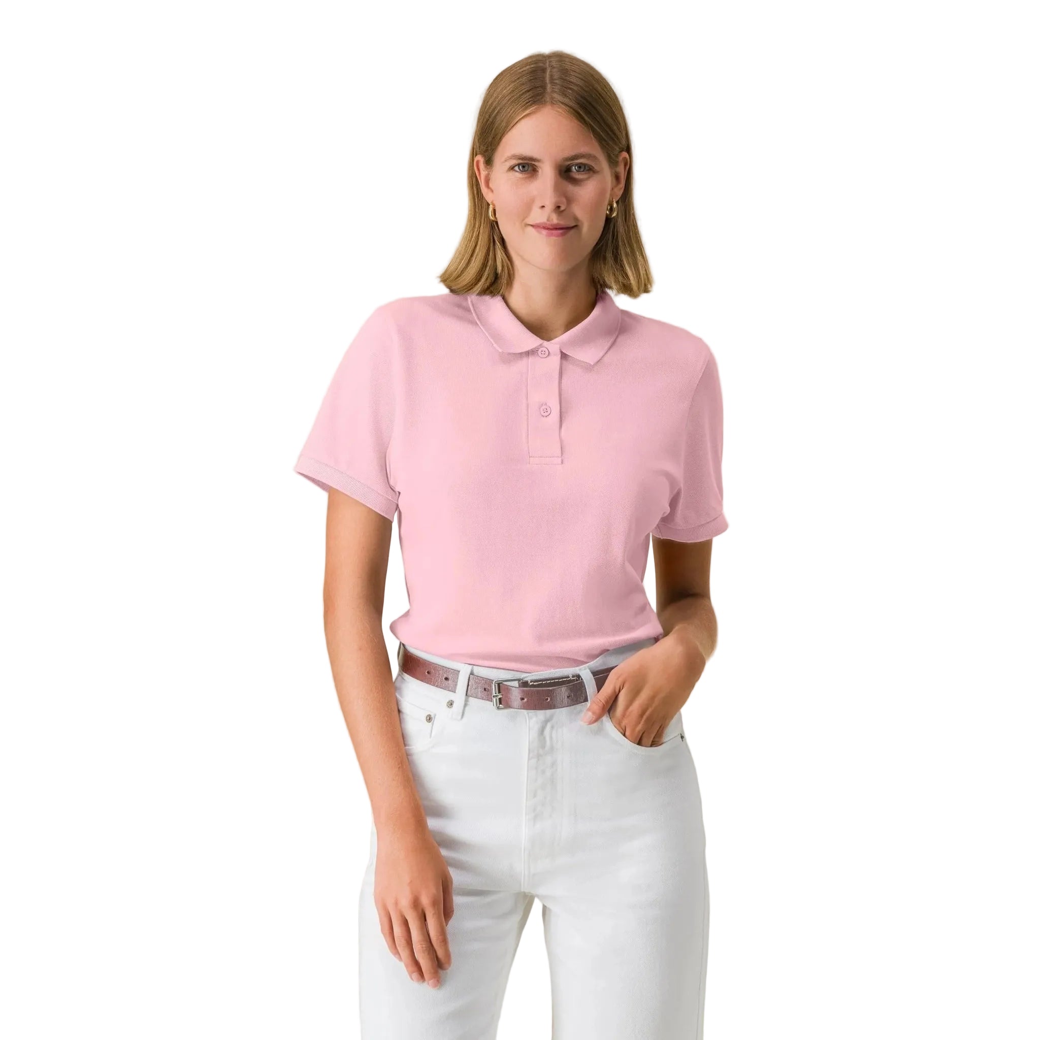 Woman wearing a pink polo shirt and white pants on a white background