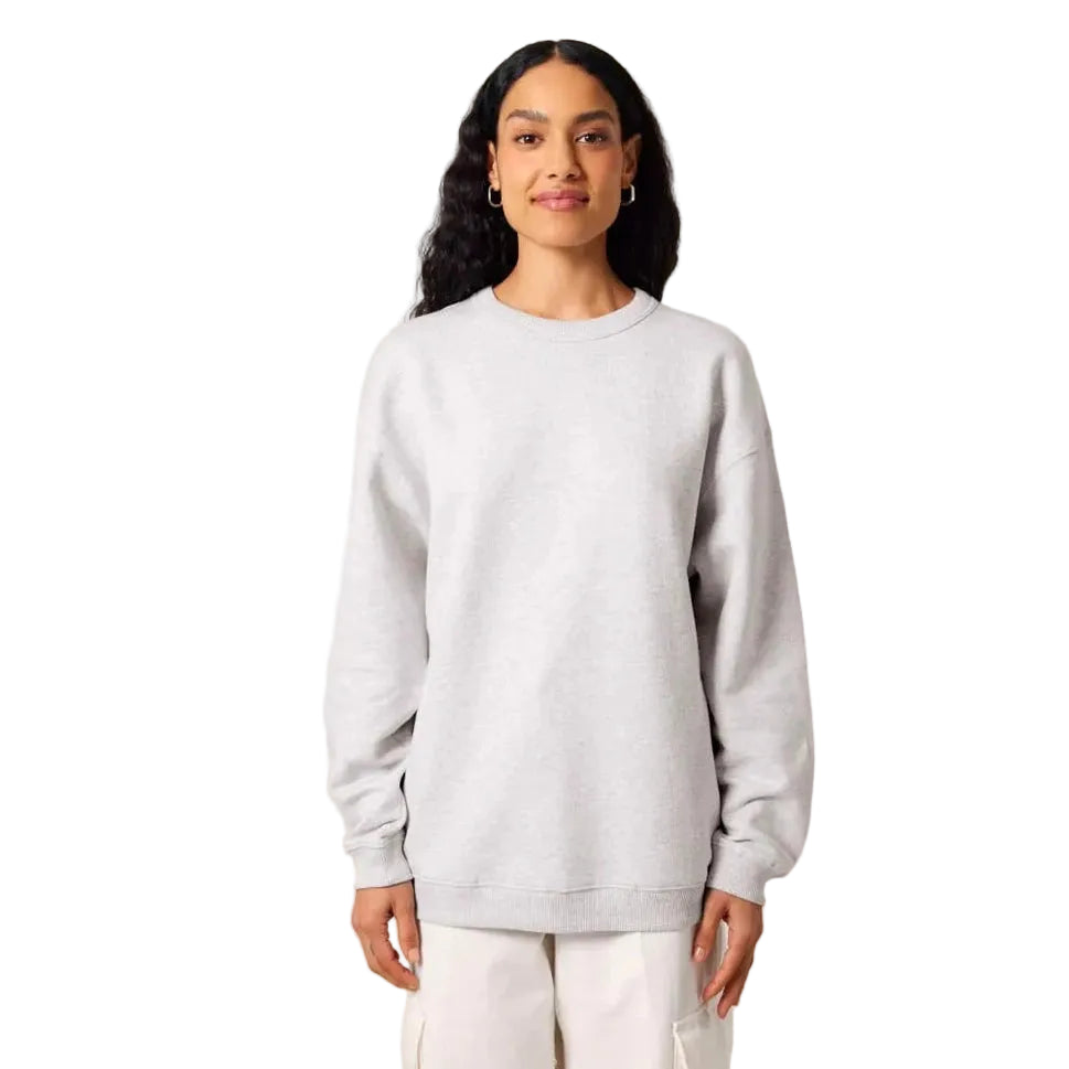 Person wearing a light grey sweatshirt on a white background
