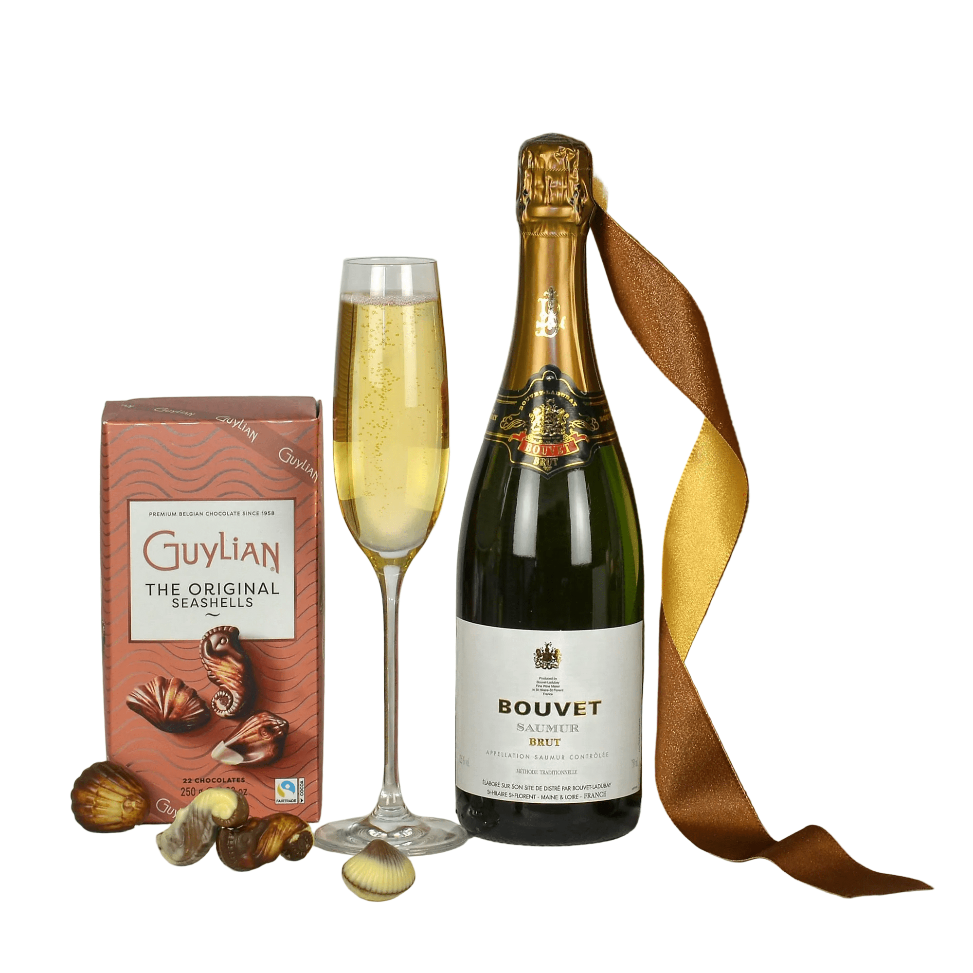 Bottle of Bouvet sparkling wine with a glass, box of Guylian chocolates on a white background