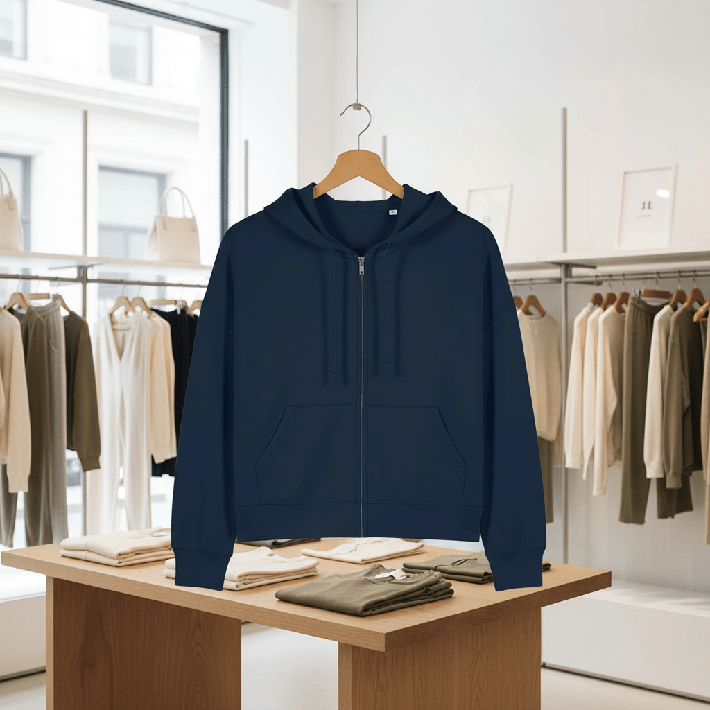 Navy blue hoodie on a hanger in a clothing store setting