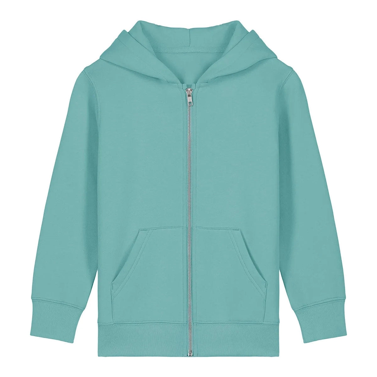 Teal hoodie with a zipper on a white background