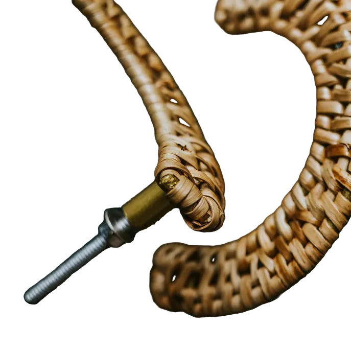 Rear and side detail of Dunstanburgh rattan handles showing a threaded fixing bolt on a white background