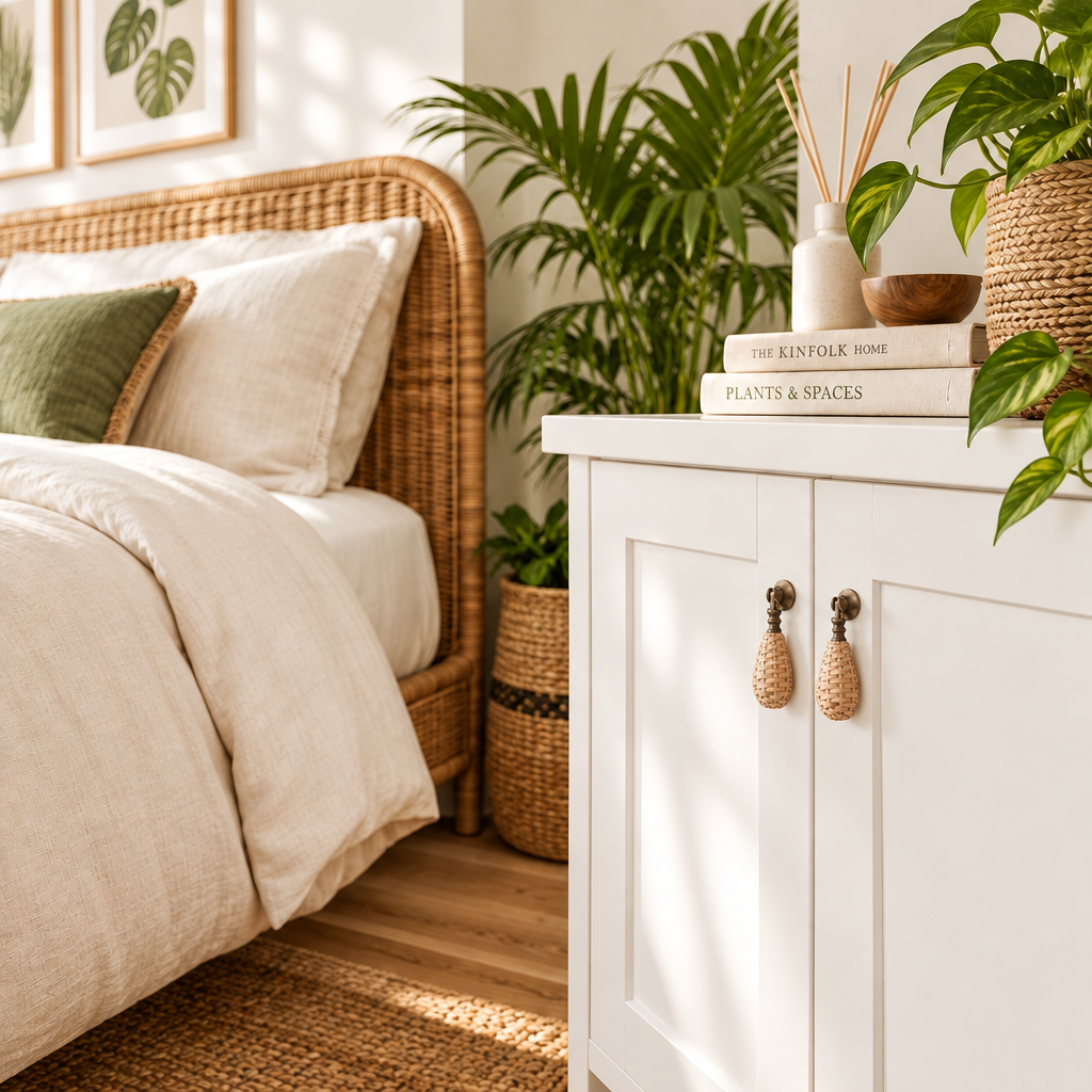 A styled bedroom corner featuring a white nightstand with woven rattan handles, next to a wicker bed frame and lush green plants.