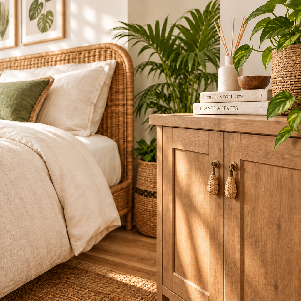 A warm, sunlit bedroom corner featuring a wooden nightstand with woven pull handles, styled with books, a vase, and a plant, next to a wicker bed frame and neutral bedding.