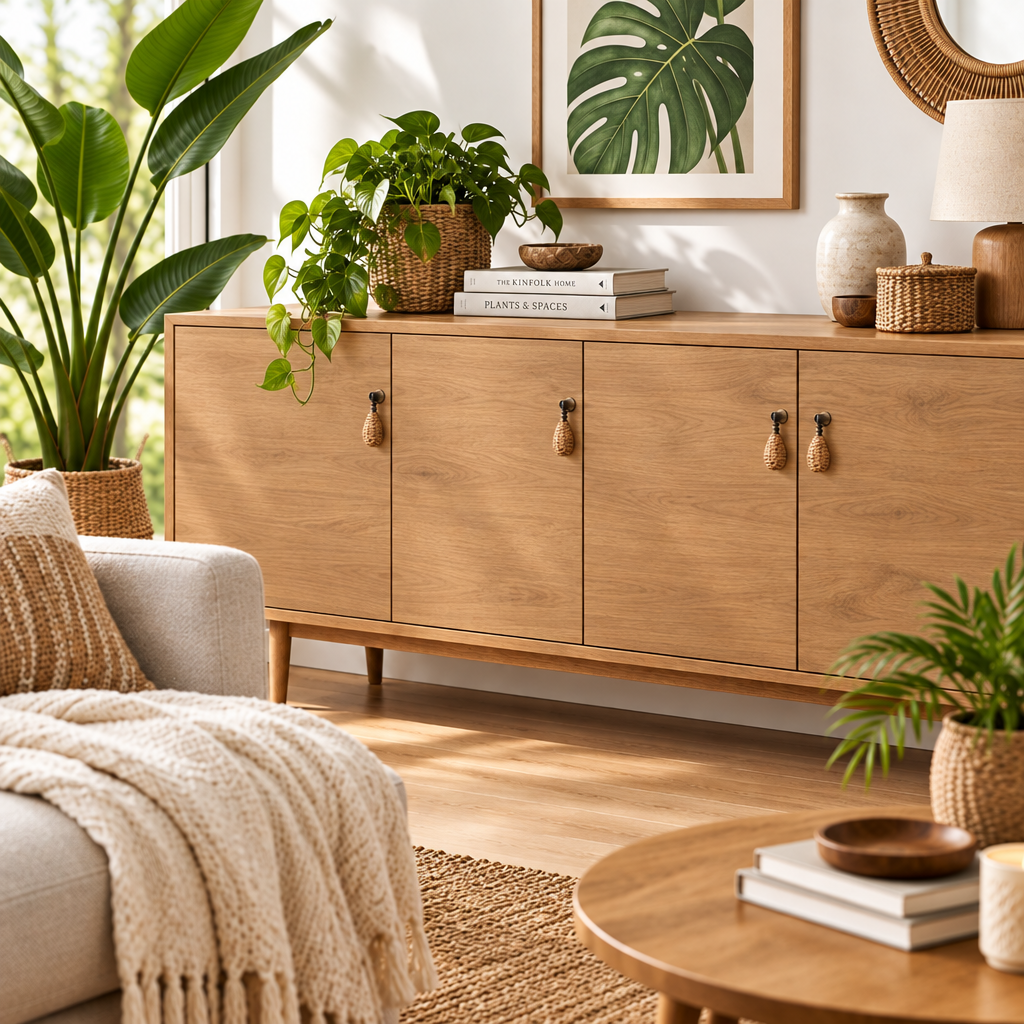 A mid-century modern wooden sideboard cabinet in a warm light oak finish, styled in a bright, sunlit living room with potted plants, books, vases, and a neutral sofa.