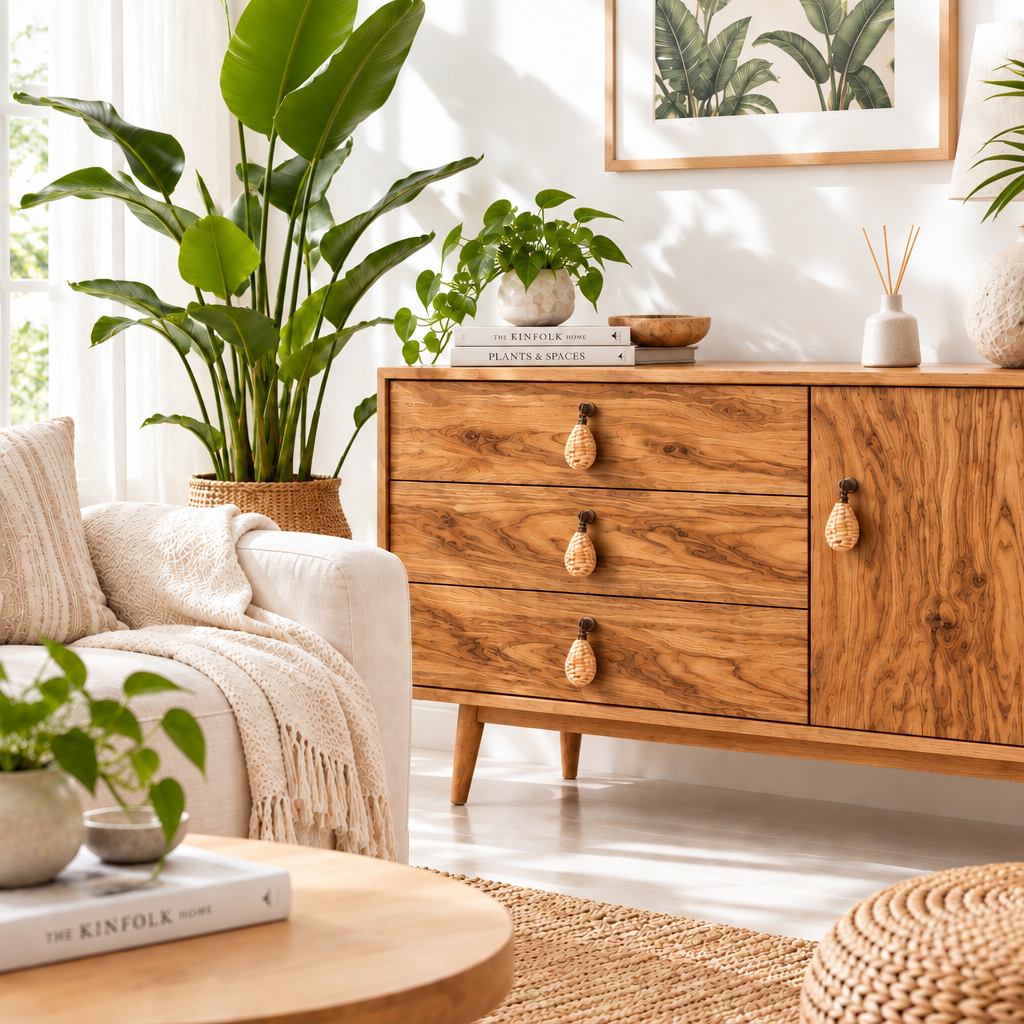 A mid-century modern wooden sideboard cabinet with three drawers and a cabinet door, styled in a bright, sunlit living room next to a cream sofa and potted plants.