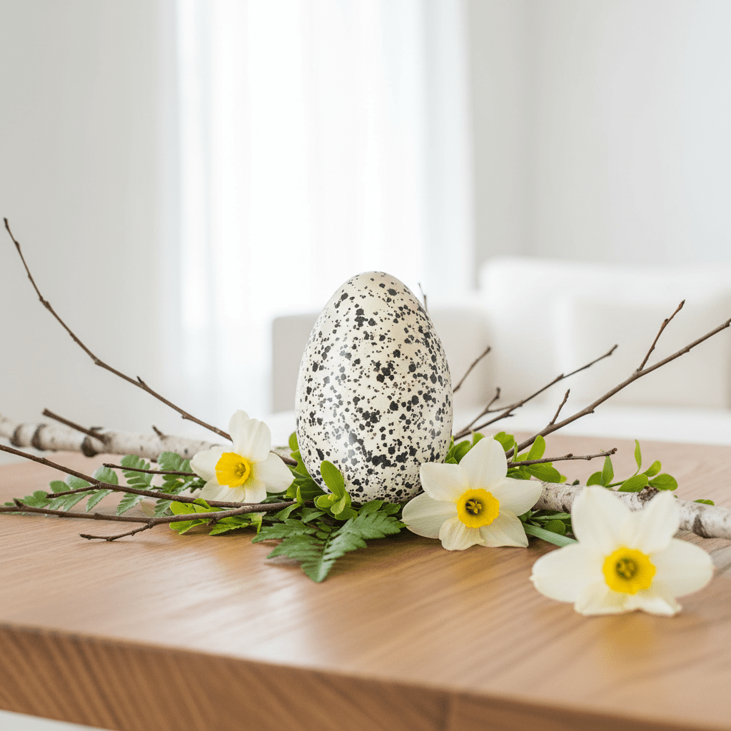 Decorative speckled egg with flowers and branches on a wooden surface