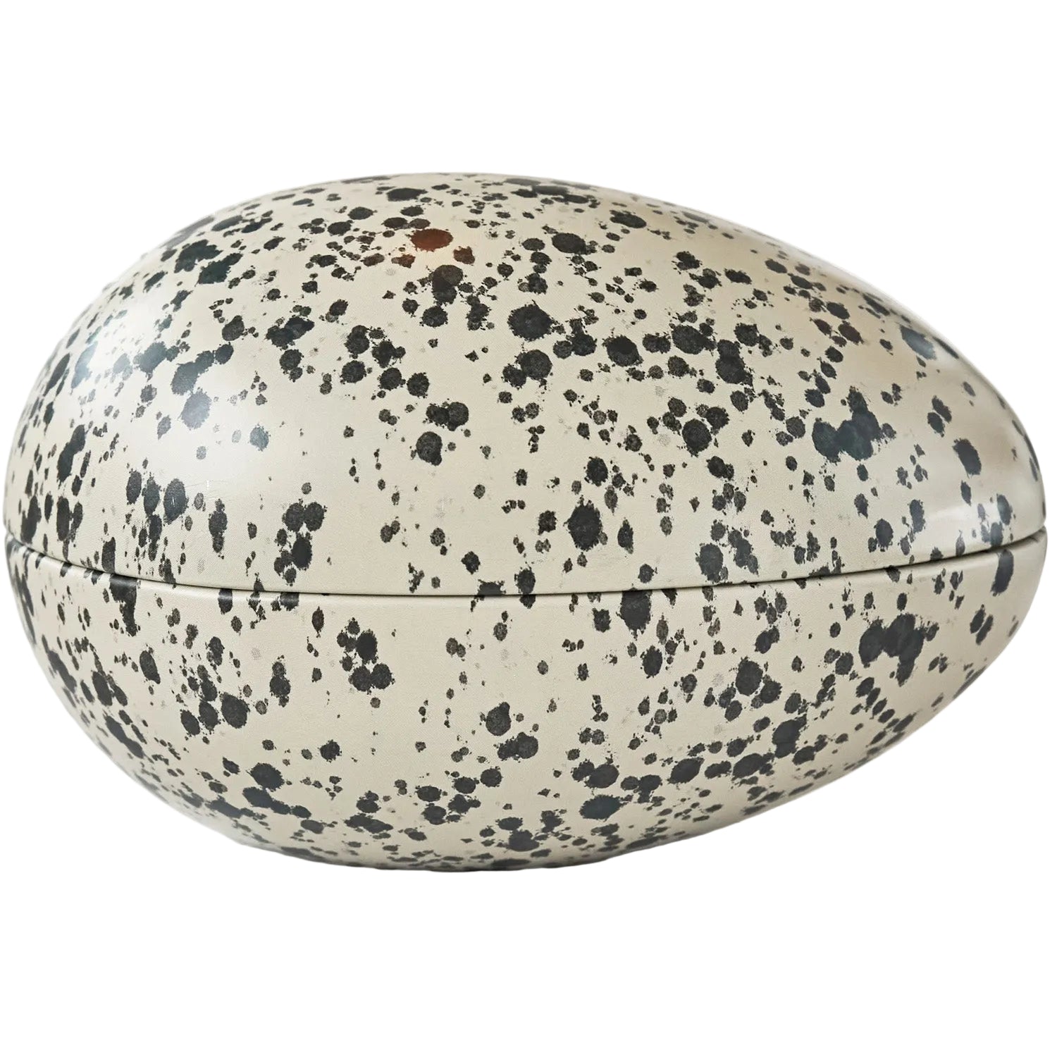 Speckled Easter egg-shaped container on a white background