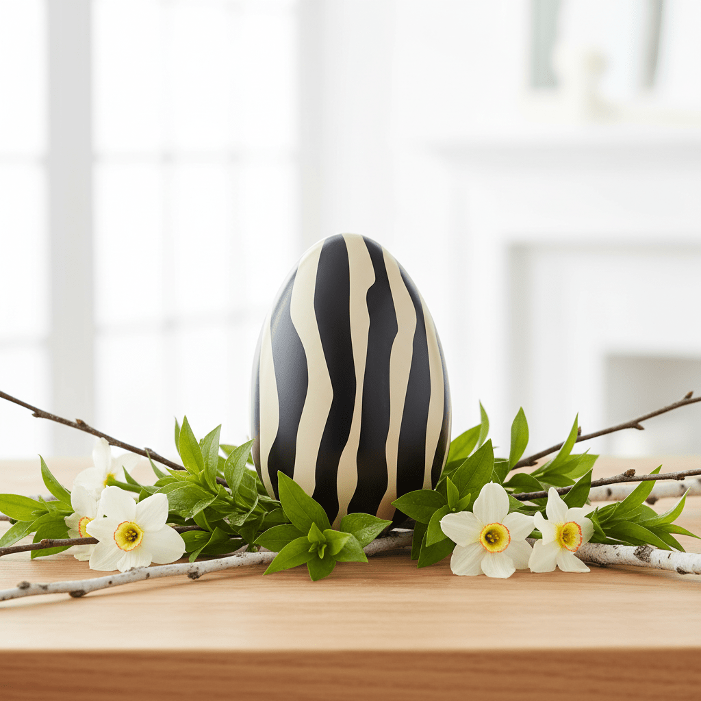 Decorative egg with black and white stripes on a wooden surface with green leaves and flowers.