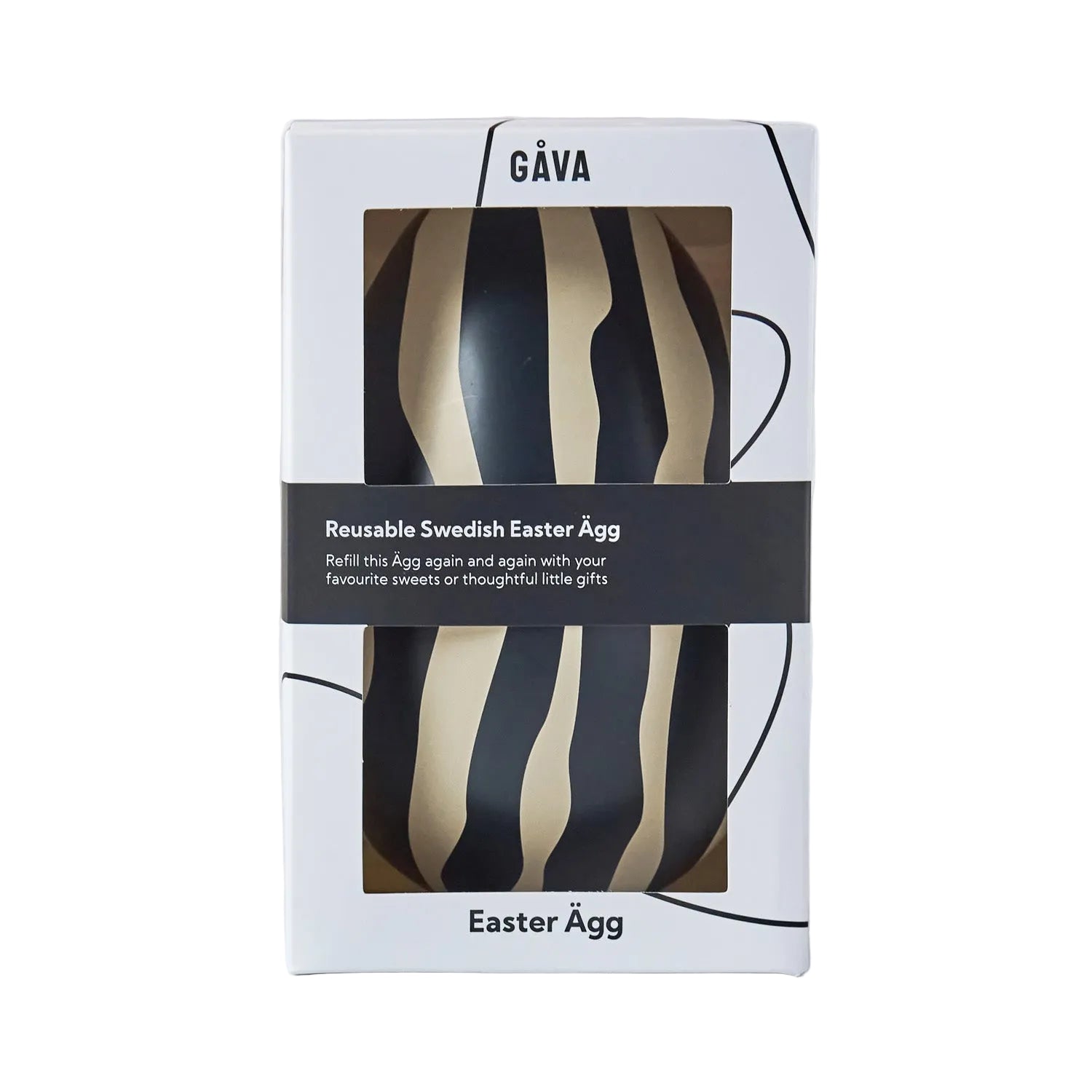 Reusable Swedish Easter Egg packaging with black and gold design on a white background