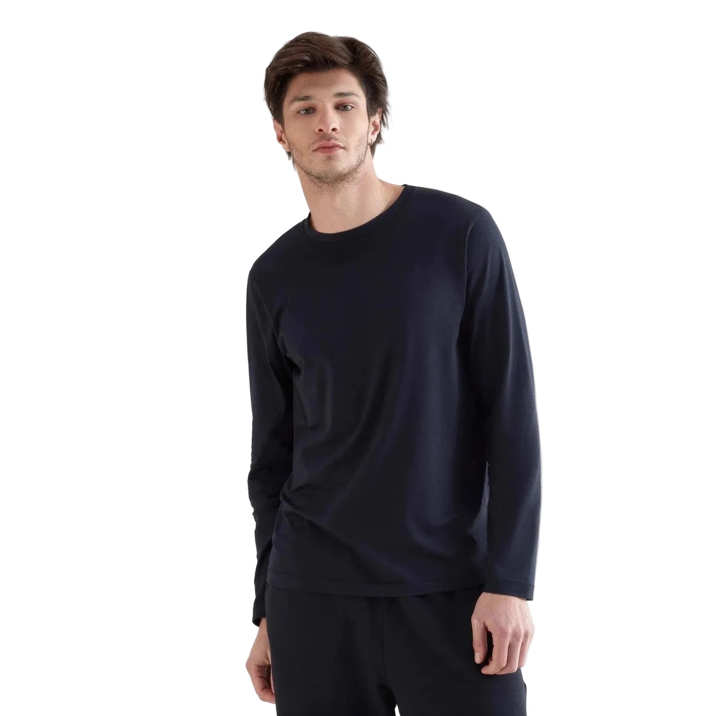 Man wearing a navy long-sleeve shirt against a white background