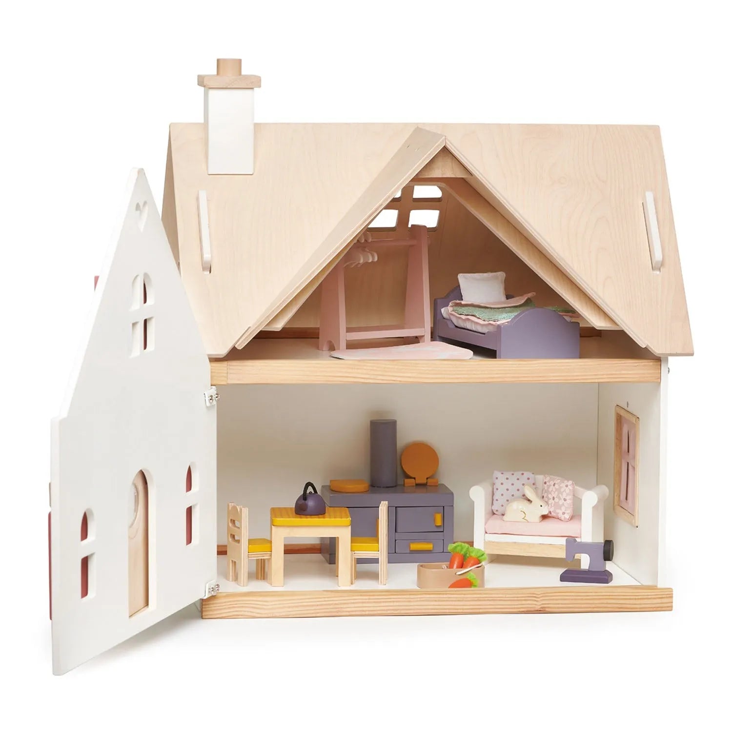 Wooden dollhouse with open door showing interior furniture and decor.