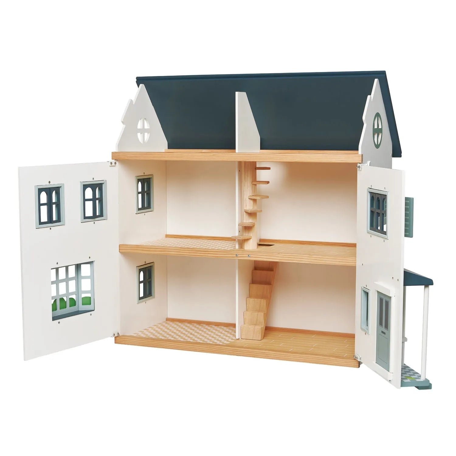 Wooden dollhouse with a blue roof on a white background