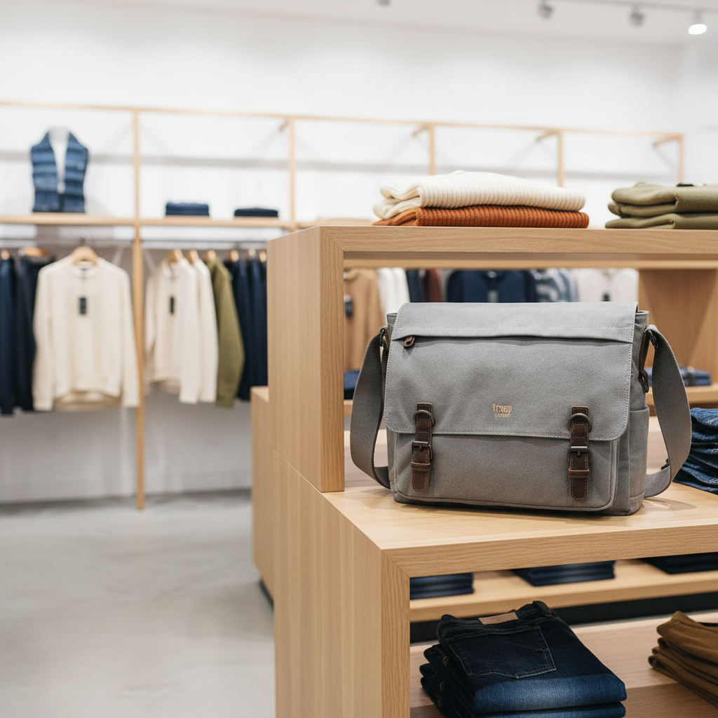 A grey canvas messenger bag with brown leather buckle details, displayed on a light wood shelf inside a modern clothing store.
