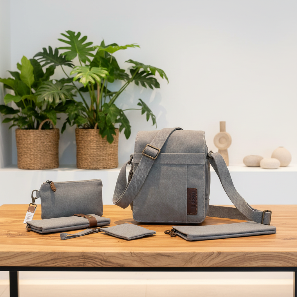 A grey crossbody bag displayed on a wooden table with matching grey accessories, including a pouch, wallet, and slim case, set against a light wall with potted green plants in the background.