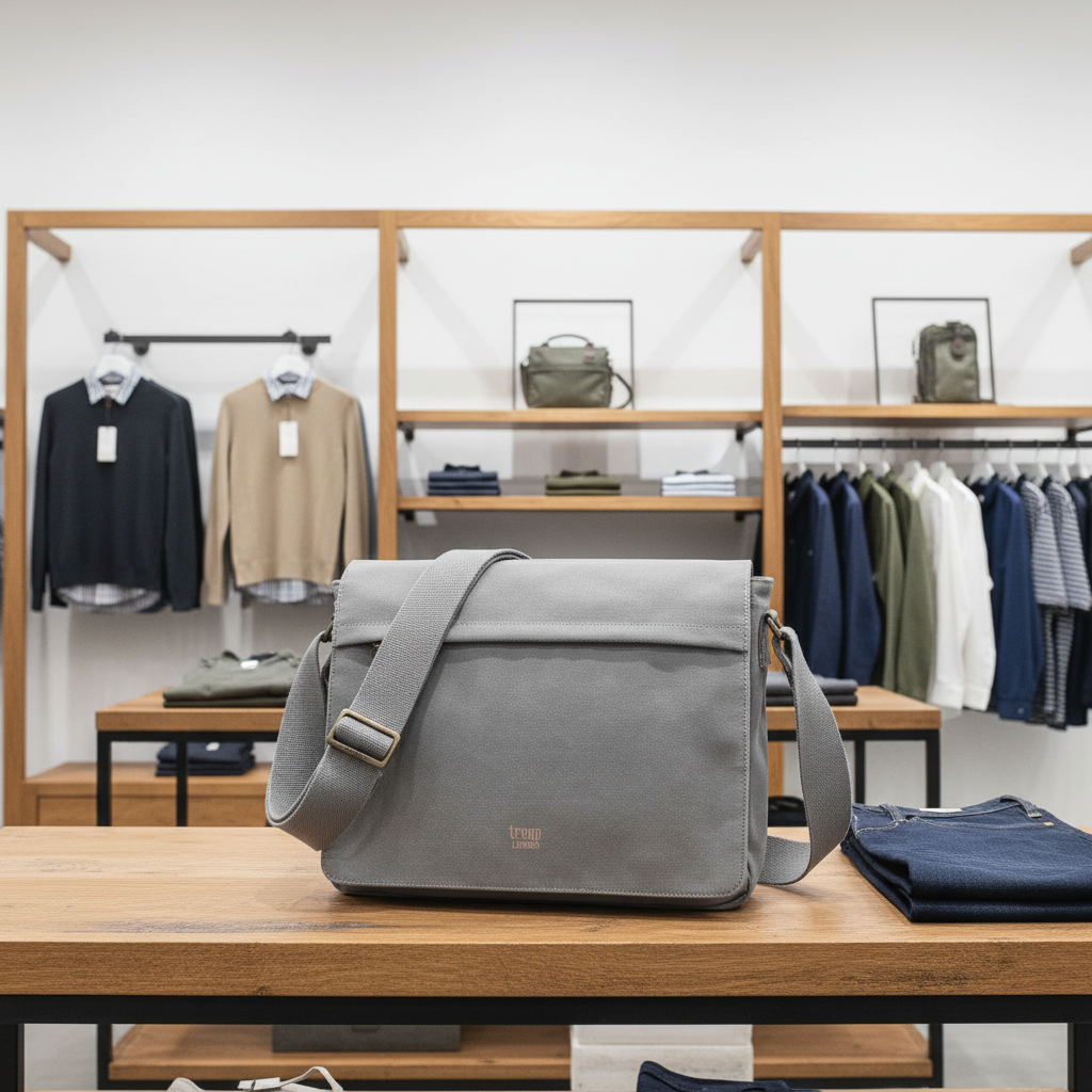 A grey canvas messenger bag with an adjustable shoulder strap and a small gold logo on the front, displayed on a wooden table inside a clothing store.