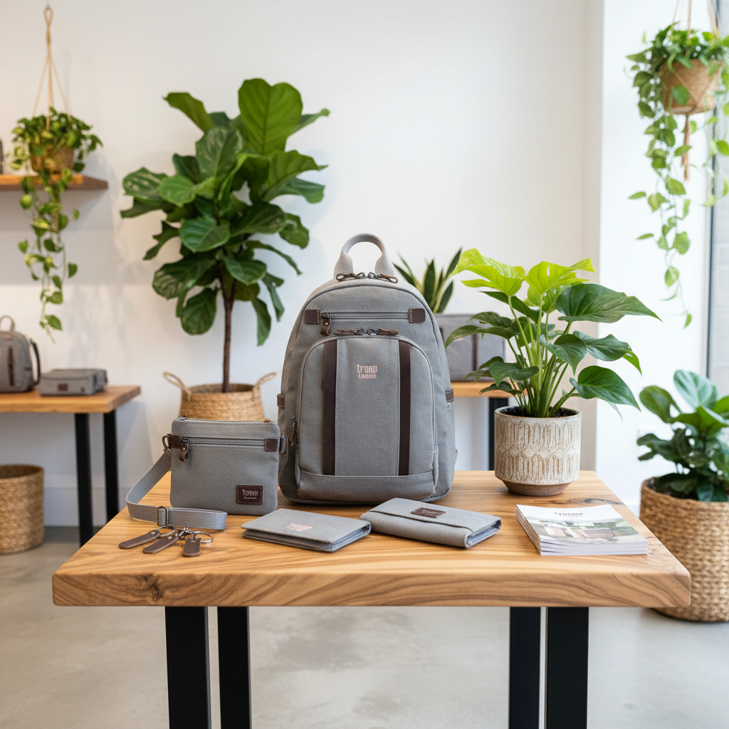 A gray backpack and matching accessories are displayed on a wooden table in a bright, modern room with potted plants. The set includes a backpack, a crossbody bag, a wallet, a passport holder, and keys.