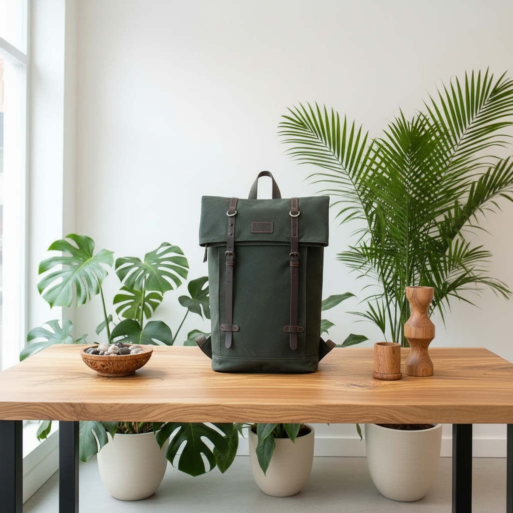 Green backpack on a wooden table with plants in the background