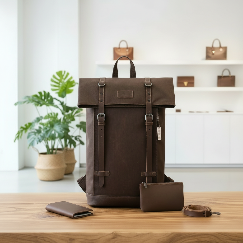 Brown canvas backpack and wallet on a wooden surface with a blurred indoor background