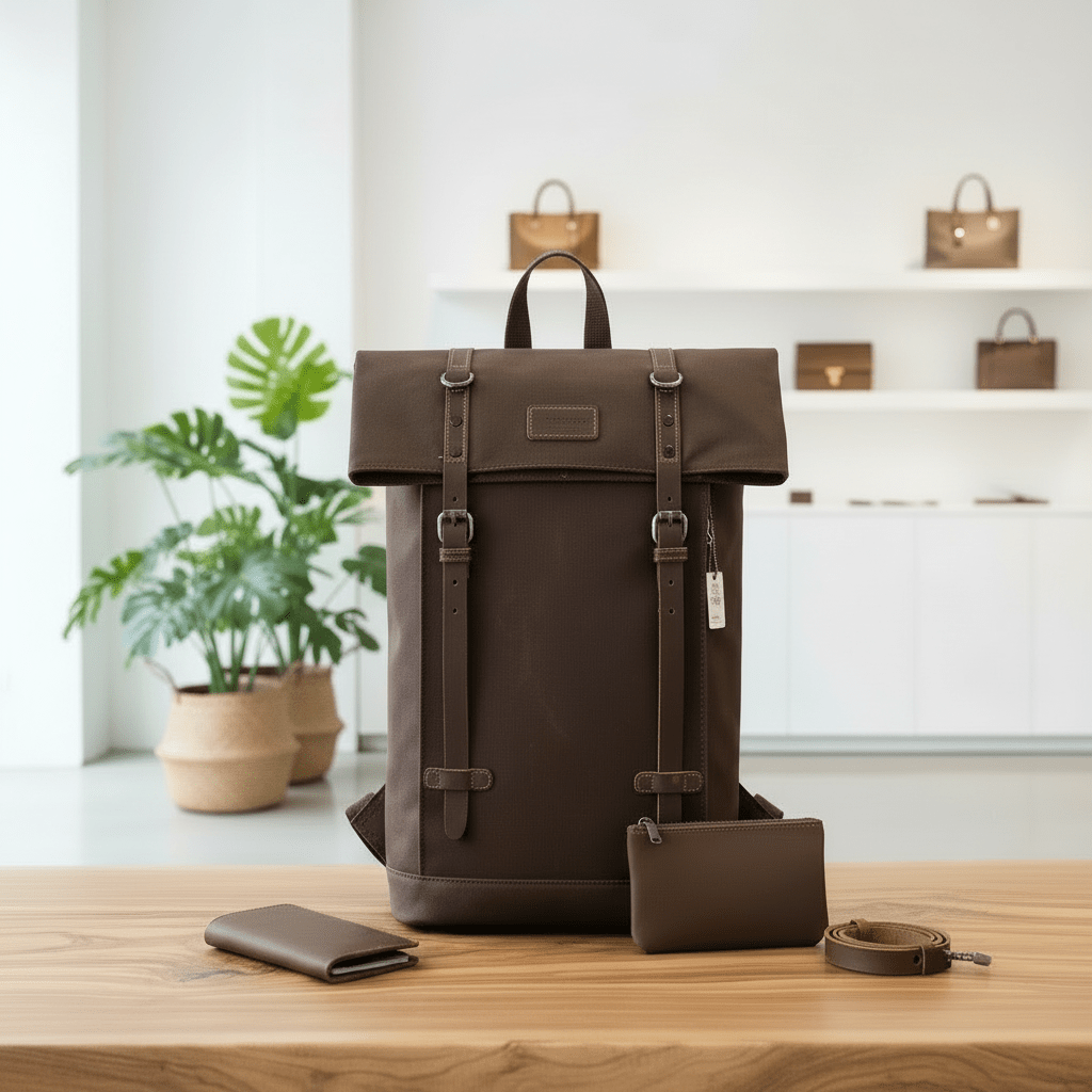 Brown canvas backpack and wallet on a wooden surface with a blurred indoor background