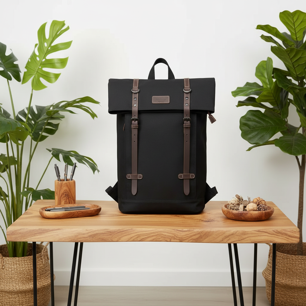 Black backpack with brown straps on a wooden table with plants in the background