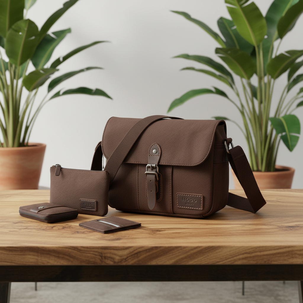 A brown leather messenger bag set displayed on a wooden table, including the main bag, a matching zip pouch, a wallet, and a card holder, with potted green plants in the background.