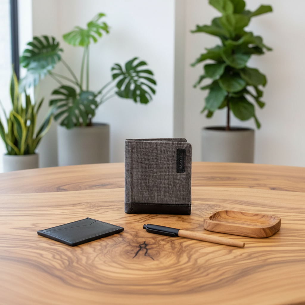 A dark grey wallet on a wooden table, with a black square card holder, a pen, and a small wooden tray nearby. The scene is styled in a real indoor environment with potted plants in the background.