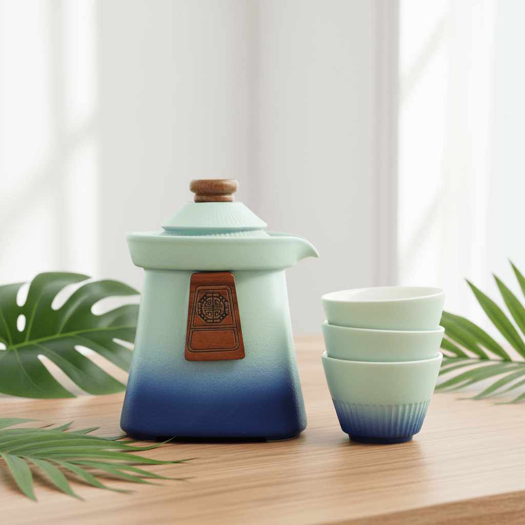 Tea set with a gradient green to blue teapot and matching cups on a wooden surface with leaves in the background.