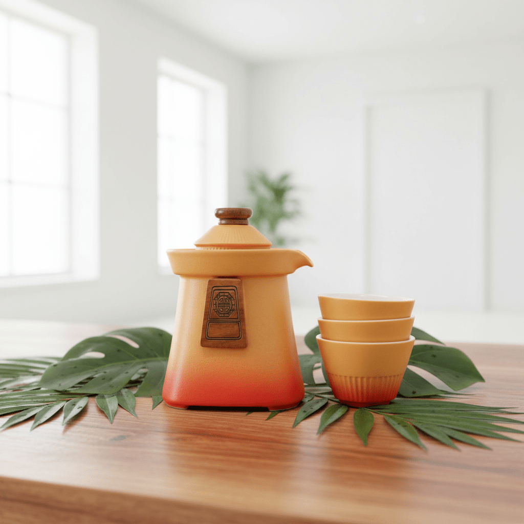 Yellow and red ceramic teapot with matching cups on a wooden surface with green leaves.