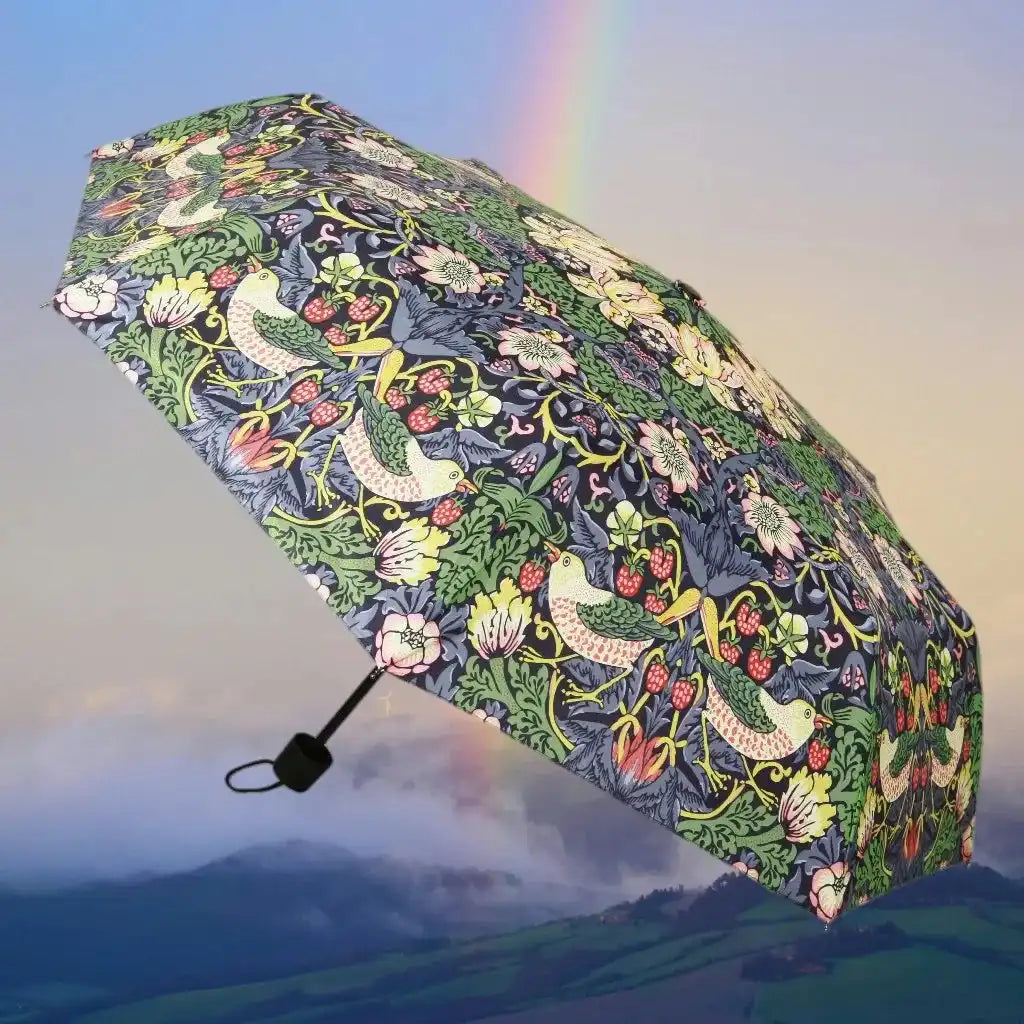 Signare Tapestry William Morris Strawberry Thief Blue - Art Folding Umbrella Home & Garden > Parasols & Rain Umbrellas > William Morris Strawberry Thief Umbrella > Art Folding Umbrella > Blue Floral Brolly emmy-jane-boutique.myshopify.com