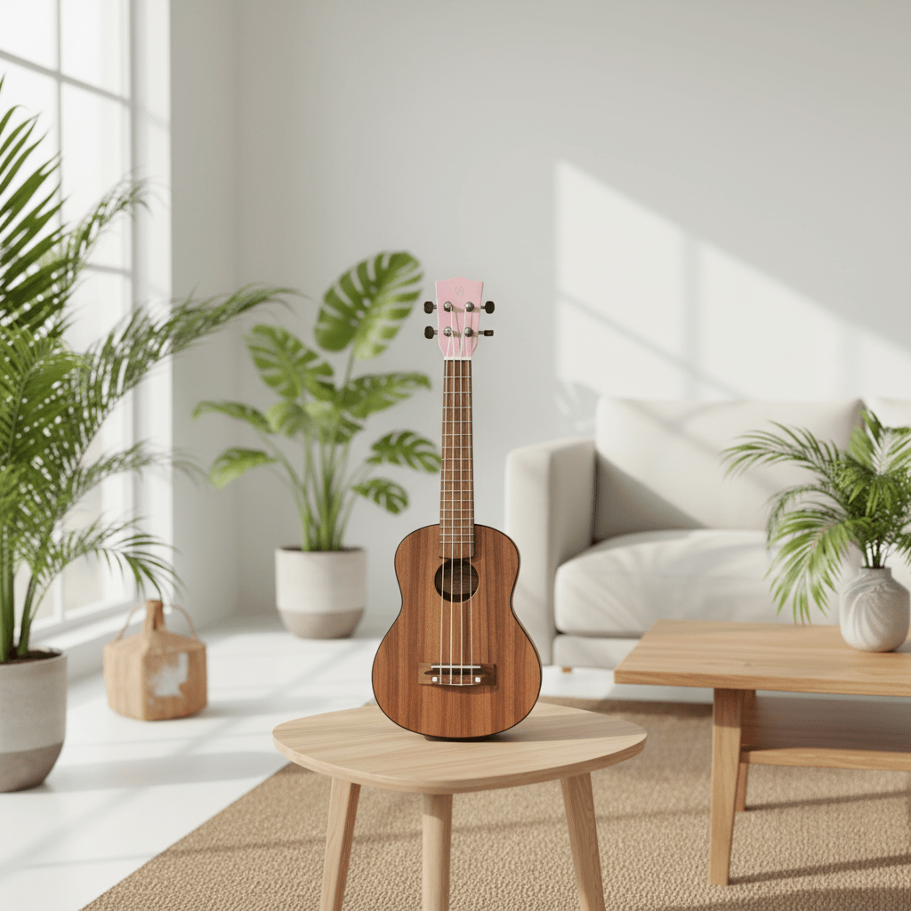 Wooden ukulele on a coffee table in a bright living room with plants and a sofa.