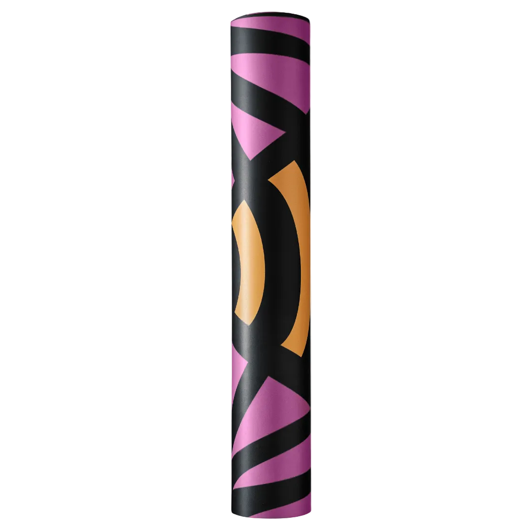 Colourful rolled-up yoga mat with geometric pattern on a white background