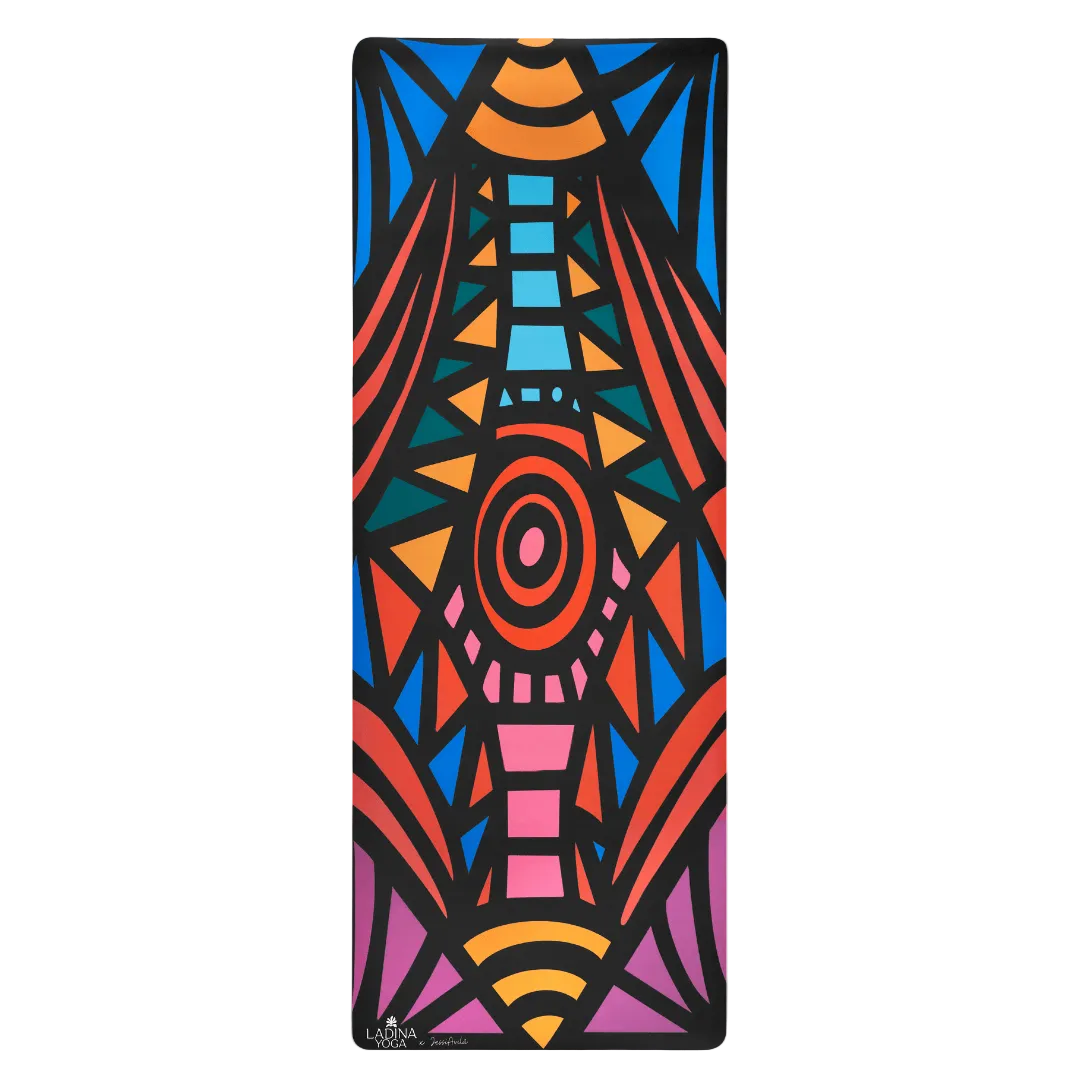 Colourful geometric patterned yoga mat on a white background