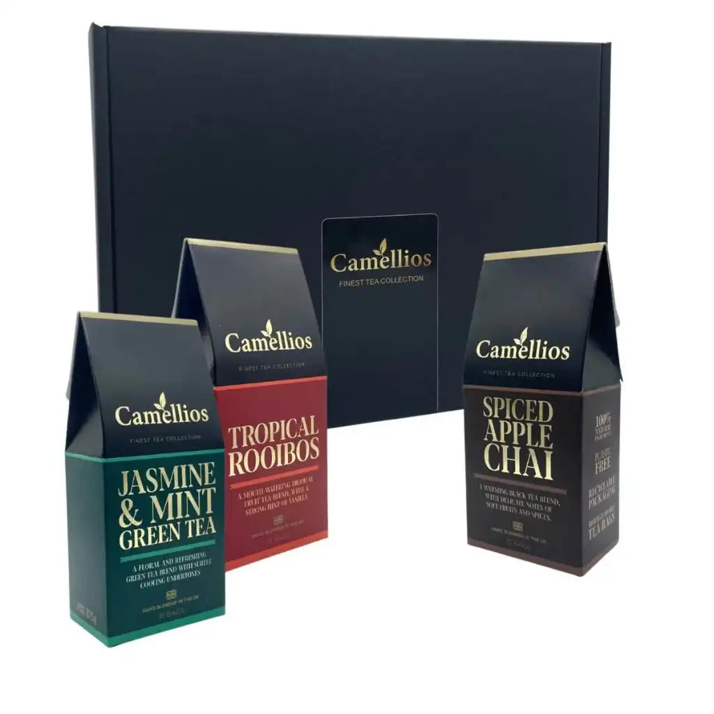 Camellios Tea Gift Box - 3 Exotic Tea Blends - Eco-Friendly & Plastic-Free Food, Beverages & Tobacco > Beverages > Tea & Infusions > Herbal Teas > Herbal Tea Gift Set > Tea Gift Box > 3 Exotic Tea Blends > Eco-Friendly & Plastic-Free Teas emmy-jane-boutique.myshopify.com