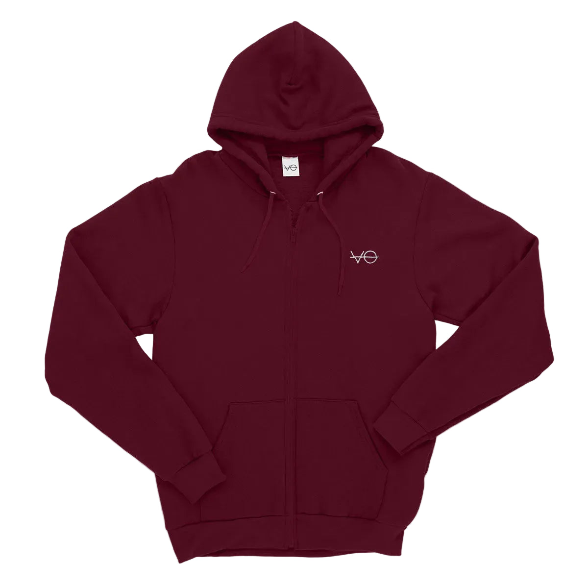 Maroon hoodie with a logo on a light gray background