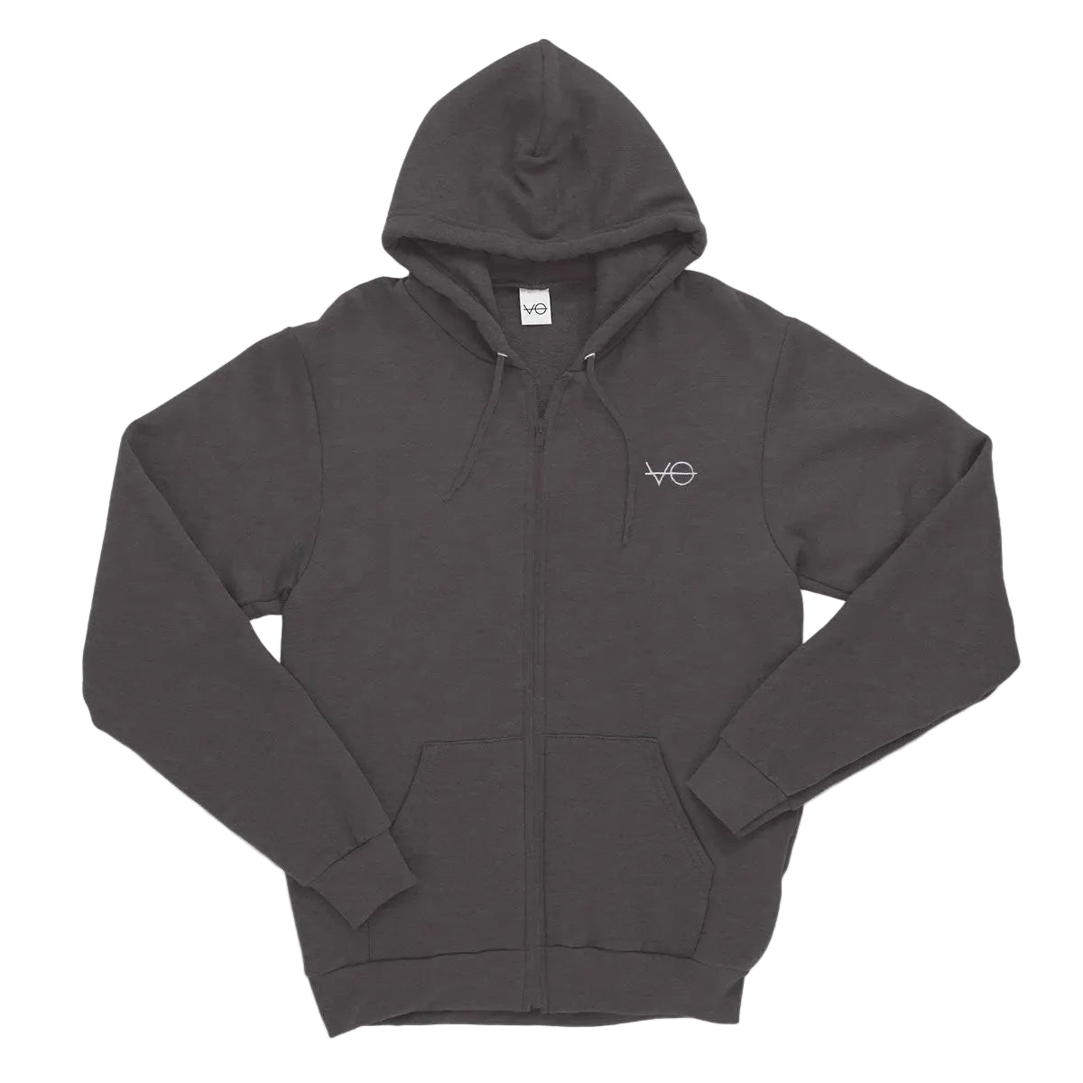 Dark grey hoodie with a logo on a light grey background