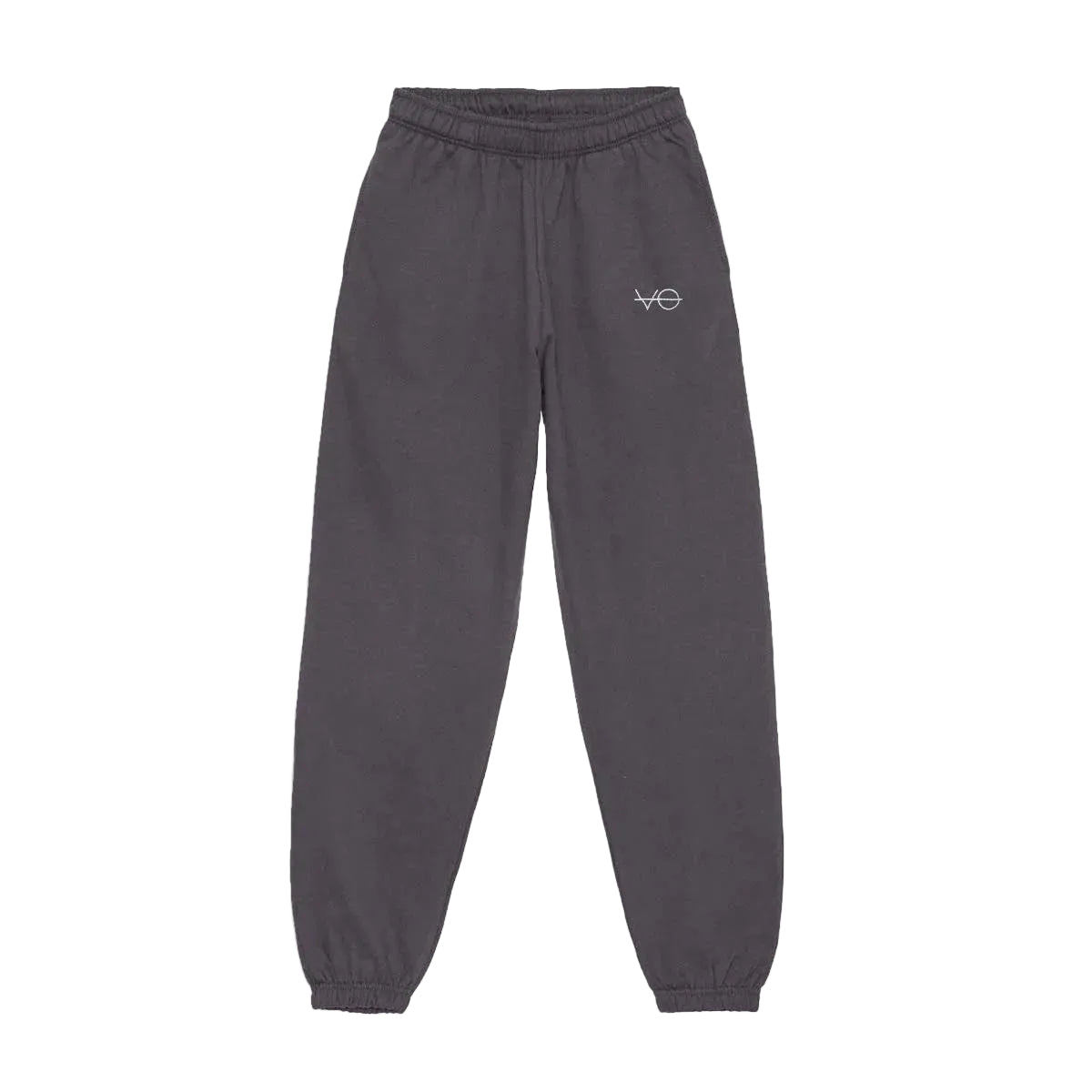 Dark grey sweatpants with a logo on a white background