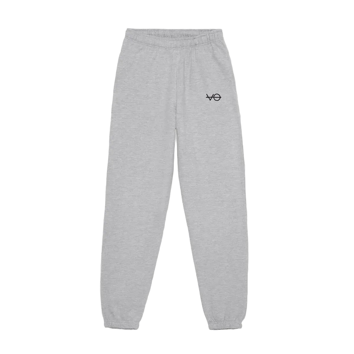 Grey sweatpants with a logo on a white background
